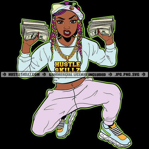 African American Woman Sitting Position Money Holding Bundle Design Element Melanin Gangster Woman Curly Hair SVG JPG PNG Vector Clipart Cricut Cutting Files