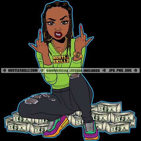African American Afro Mean Lola Middle Finger Money Stacks Hustler Grind Woman Ghetto Girl Dope White Background Vector Design Element SVG PNG JPG Vector Cutting