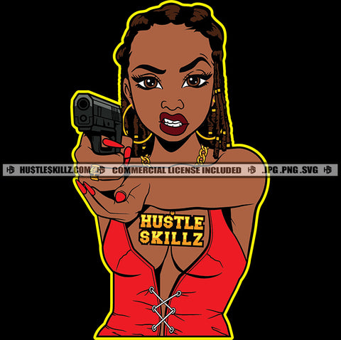 African American Sexy Woman Holding Gun Melanin Woman Angry Face Wearing Red Color Cloth Vector Design Element SVG JPG PNG Vector Clipart Cricut Cutting Files