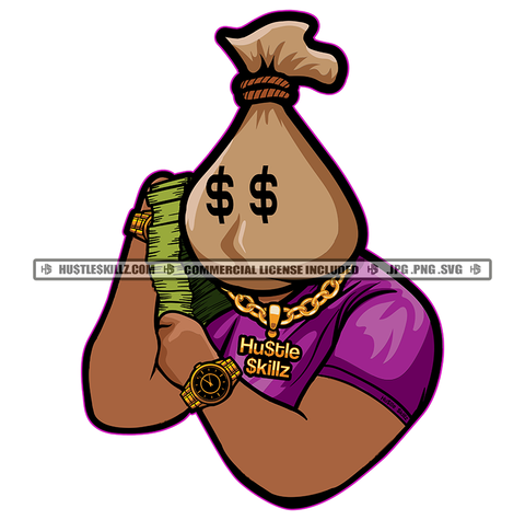 Funny Money Bag Cartoon Character Holding Money Bundle Cartoon Head Money Bag White Background Design Element SVG JPG PNG Vector Clipart Cricut Silhouette Cut Cutting