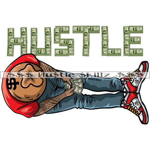 Hustle Quote Color Vector Hustle Quote By Money Black Tattoo Man Wearing Cowboy Hat Melanin Man Sitting On Floor SVG JPG PNG Vector Clipart Cricut Cutting Files