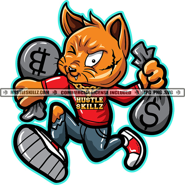 Scarface Gangster Cat Holding Money Stocks Investor Grind Smile Face Cat Running Design Element Hustling SVG PNG JPG Vector Cutting Cricut