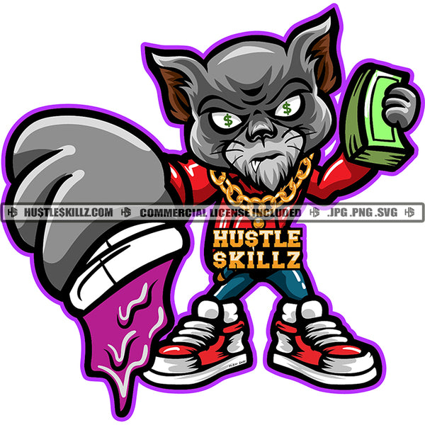 Gangster Cat Holding Money Stacks Purple Drink Grinding Grind Cat Standing Vector Design Element SVG PNG JPG Vector Cutting Cricut