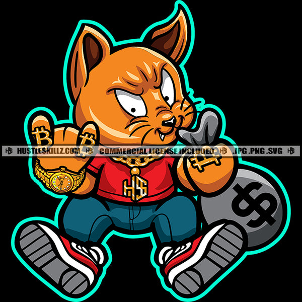 Gangster Scarface Cat Sitting Holding Money Bag Design Element Gangster Cat Smile Face Rock And Roll Hand Sign SVG JPG PNG Vector Clipart Cricut Cutting Files