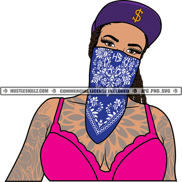 African Gangster Dope Woman Body Tattoo Wearing Baseball Cap Bandana Facemask Braids Hair Vector Design Element SVG PNG JPG Vector Cutting Cut Cricut Files