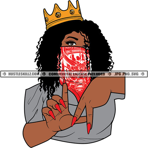African American Gangster Woman Curly Hair Crown On Head Vector Zoom In Zoom Out Hand Sign Girl Wearing Musk SVG JPG PNG Vector Clipart Cricut Cutting Files