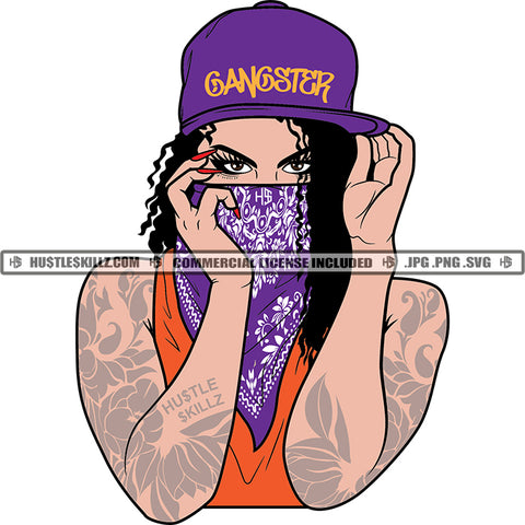 African American Woman Power Gangster Facemask Bandana Wearing Baseball Cap Tattoos Vector Design Element SVG PNG JPG Vector Cutting Cut Cricut