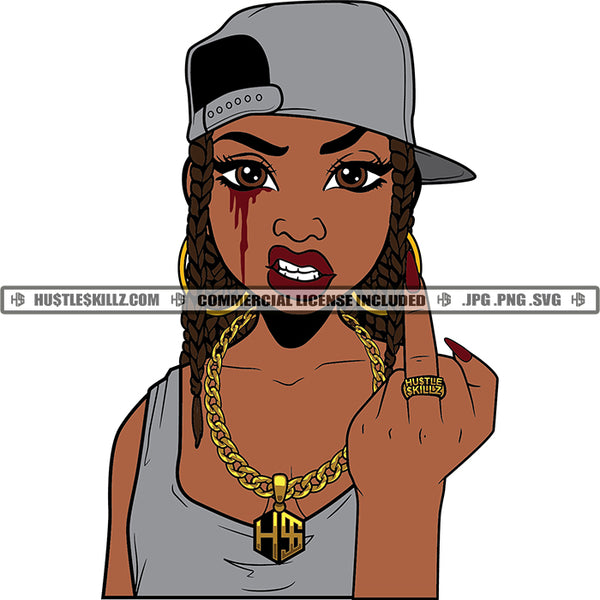 African American Woman Angry Face Wearing Cap Middle Finger Hand Sign Melanin Woman Eye Blood Dripping Vector Design Element SVG JPG PNG Vector Clipart Cricut Cutting Files