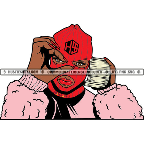 Gangster Woman Ski Mask Money Stack Hustling Hustler Grind Grinding Vector Design Element SVG PNG JPG Vector Cutting Cut Cricut Files