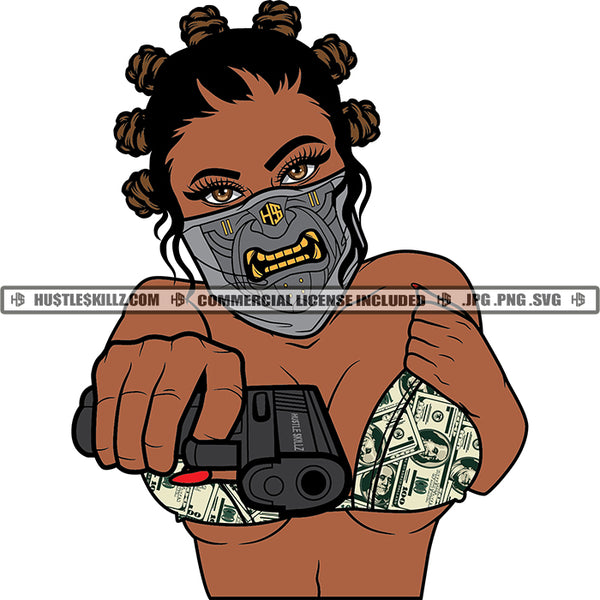 Gangster African Woman Wearing Face Musk Holding Gun Afro Curly Hair Gangster Woman Wearing Bikini SVG JPG PNG Vector Clipart Cricut Cutting Files