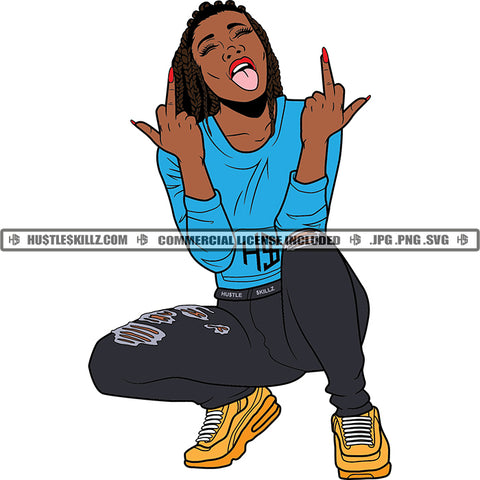 African American Melanin Woman Tongue Out Squatting Middle Finger Sing Dreadlocks Hair Vector Design Element Grind SVG PNG JPG Vector Cutting Cut Cricut File