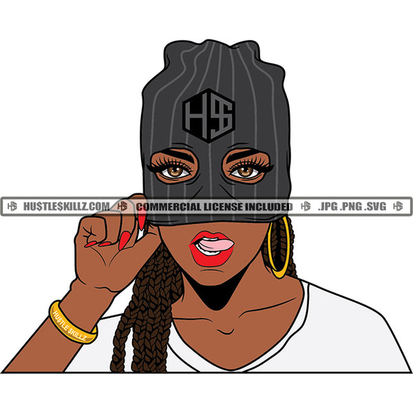 African American Melanin Woman Tongue Out Ski Wearing Mask Braids Hairstyle Gangster Dope Girl Grind Vector Design Element SVG PNG JPG Vector Cutting Cut Cricut Files
