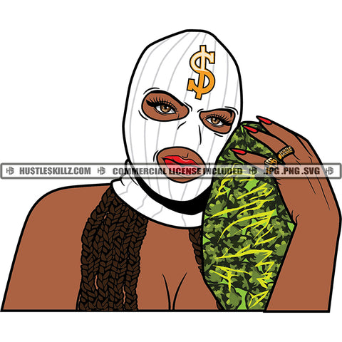 Gangster Dope Girl Melanin Woman In Mask Holding Bag Of Herbs Vector Design Weed Marijuana Cannabis High Life Design Element Silhouette SVG JPG PNG Vector Clipart Cricut Cutting Files