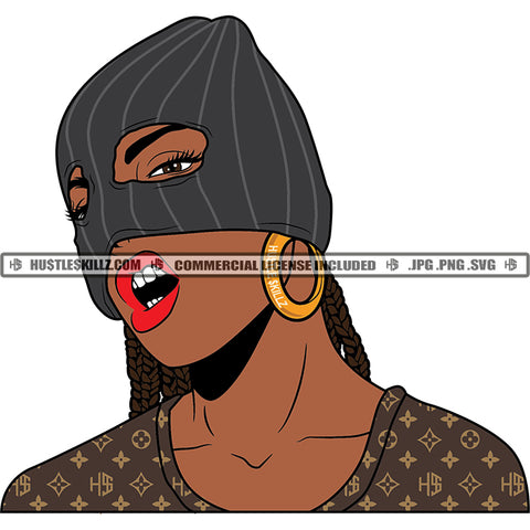 African American Woman Ski Mask Hoop Earrings Red Lips Braids Hairstyle Grind Vector Design Element SVG PNG JPG Vector Cutting Cut Cricut Files