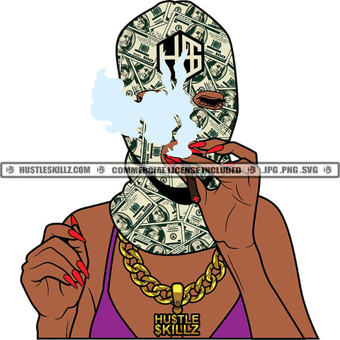 Melanin Gangster Woman Dollar Face Musk Smoking Marijuana Weed Vector Design Element Long Nail Girl Wearing Bikini SVG JPG PNG Vector Clipart Cricut Cutting Files