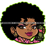 African Woman Smile Face Holding Money Puffy Afro Hair Woman Head Design Element Sexy Eye Girl SVG JPG PNG Vector Clipart Cricut Cutting Files
