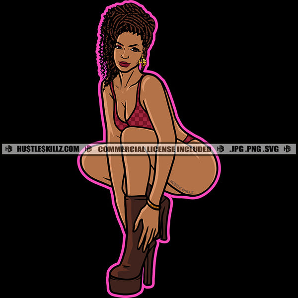 African American Gangster Woman Curly Hairstyle Melanin Woman Sitting Wearing Bikini Vector Design Element SVG JPG PNG Vector Clipart Cricut Cutting Files