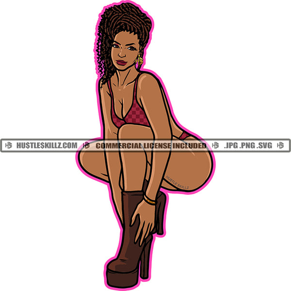 African American Gangster Woman Curly Hairstyle Melanin Woman Sitting Wearing Bikini Vector Design Element SVG JPG PNG Vector Clipart Cricut Cutting Files