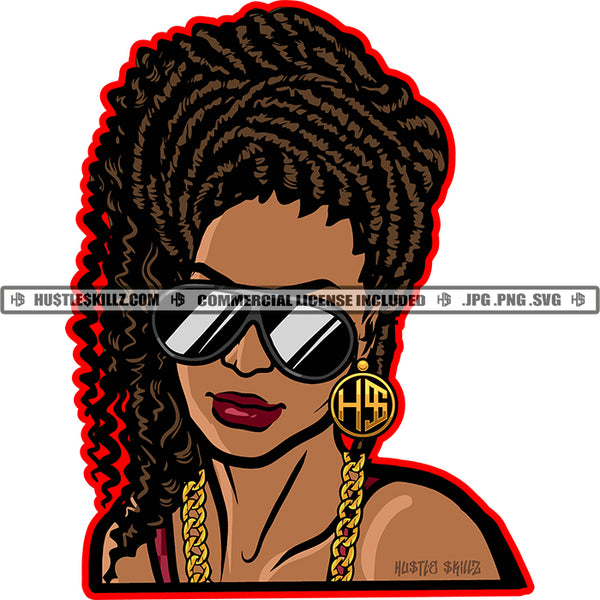 African American Woman Wearing Sunglass Curly Hairstyle Face Design Element Wearing Gold Chain Ear Hoop Vector Design Element SVG JPG PNG Vector Clipart Cricut Cutting Files