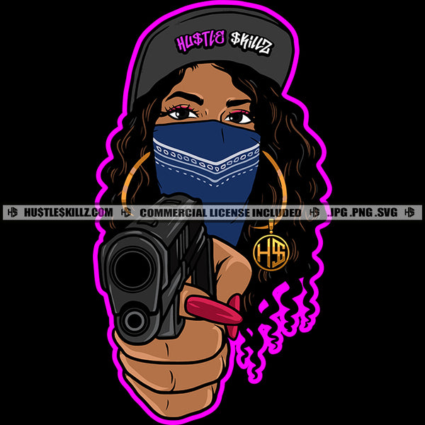 African American Woman Wearing Base Ball Cap And Musk Curly Hairstyle Melanin Woman Holding Gun Vector Design Element SVG JPG PNG Vector Clipart Cricut Cutting Files