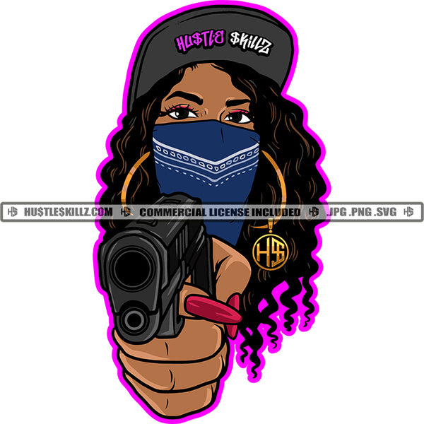 African American Woman Wearing Base Ball Cap And Musk Curly Hairstyle Melanin Woman Holding Gun Vector Design Element SVG JPG PNG Vector Clipart Cricut Cutting Files