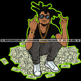 African Young Gangster Man Sitting Money Dollars Chain Sunglasses Earing Vector Design Element Graphic Beard Showing Middle Finger Grind Logo Hustle Skillz SVG PNG JPG Vector Cut Files