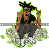 African Young Gangster Man Sitting Money Dollars Chain Sunglasses Earing Vector Design Element Graphic Beard Showing Middle Finger Grind Logo Hustle Skillz SVG PNG JPG Vector Cut Files