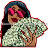 Afro Gangster Woman Curly Hairstyle Melanin Woman Wearing Sunglass Cap Holding Money Fan Vector Design Element SVG JPG PNG Vector Clipart Cricut Cutting Files