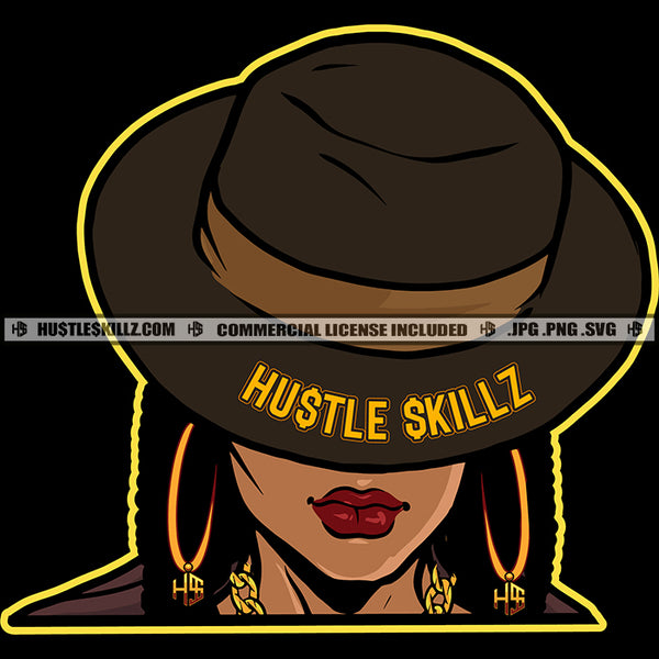 African American Woman Wearing Cowboy Hat Big Ear Hoop Ring Curly Hair Cute Face No Eyes Vector Design Element SVG JPG PNG Vector Clipart Cricut Cutting Files
