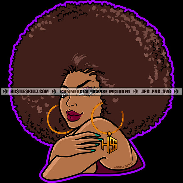 African Beautiful Melanin Girl Blessed Bamboo Hoop Earrings Puffy Afro Hairstyle Vector Design Element SVG JPG PNG Vector Clipart Cricut Files