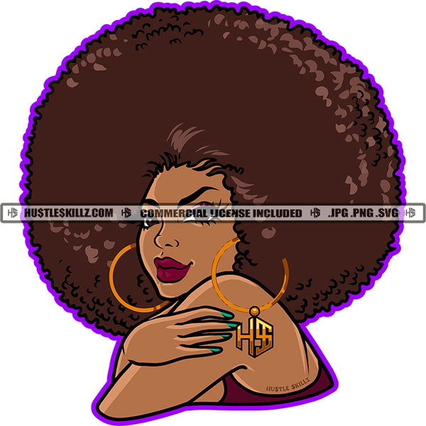 African Beautiful Melanin Girl Blessed Bamboo Hoop Earrings Puffy Afro Hairstyle Vector Design Element SVG JPG PNG Vector Clipart Cricut Files