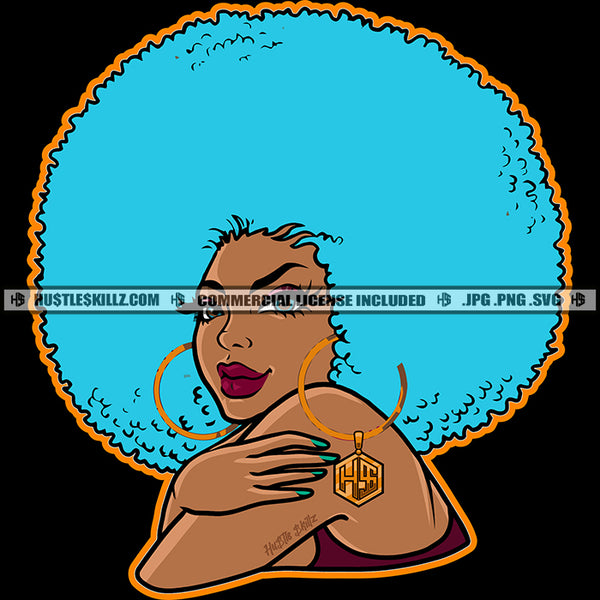 Beautiful Melanin Girl Blessed Bamboo Hoop Earrings Puffy Afro Sky Blue Color Hairstyle Vector Design Element SVG JPG PNG Vector Clipart Cricut Files