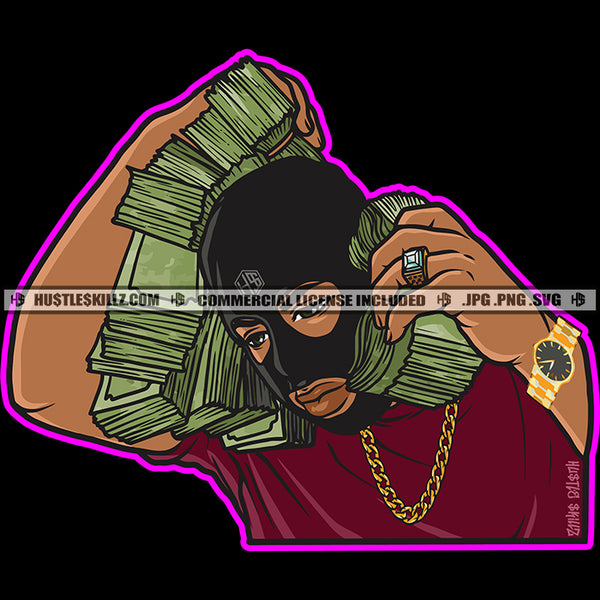 African Gangster Man Showing Bragging Money Spread Gold Watch Wearing Ski Mask Burglar Street Boy Vector Design Element SVG Vector Cut Files PNG JPG Cricut