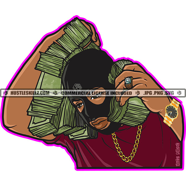 African Gangster Man Showing Bragging Money Spread Gold Watch Wearing Ski Mask Burglar Street Boy Vector Design Element SVG Vector Cut Files PNG JPG Cricut