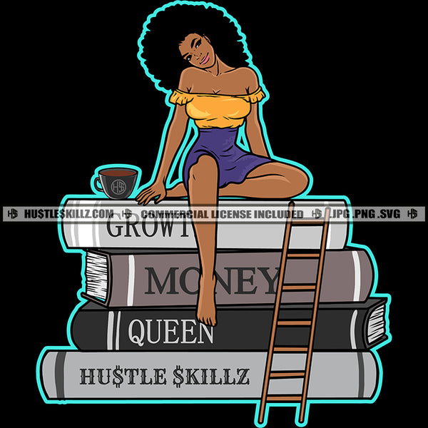 African American Afro Melanin Woman Sitting Books School Student Success Stairs Growth Vector Design Element SVG Vector Cut Files