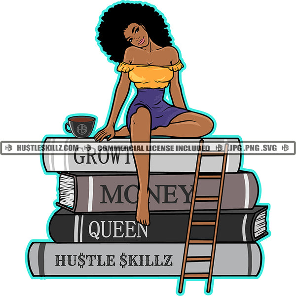African American Afro Melanin Woman Sitting Books School Student Success Stairs Growth Vector Design Element SVG Vector Cut Files