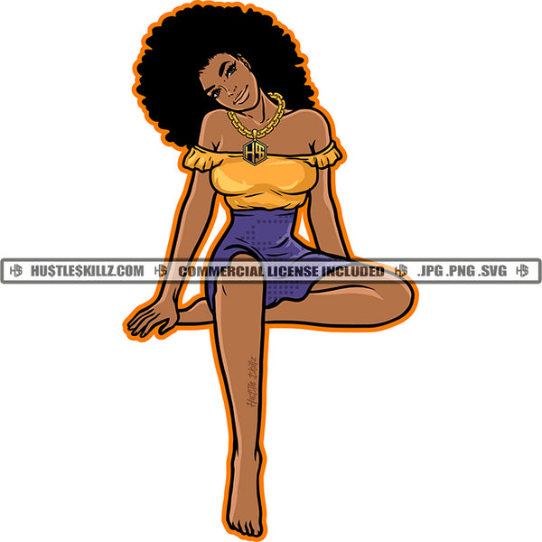 African American Beautiful Woman Sitting Puffy Afro Hair Design Element Smile Face Vector Design Element SVG JPG PNG Vector Clipart Cricut Cutting Files