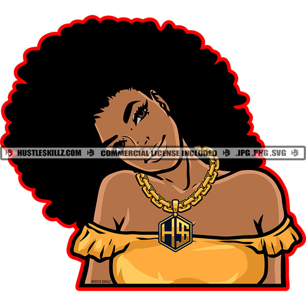African American Woman Afro Goddess Black Woman Puffy Afro Hair Wearing Short Dress Beautiful Smile Face Gold Top SVG Cutting Vector Files