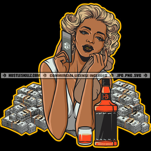 Marilyn Monroe Cartoon Face Sitting On Bundle Money Vector Drink Bottle Glass Design Element Smile Face SVG JPG PNG Vector Clipart Cricut Cutting Files