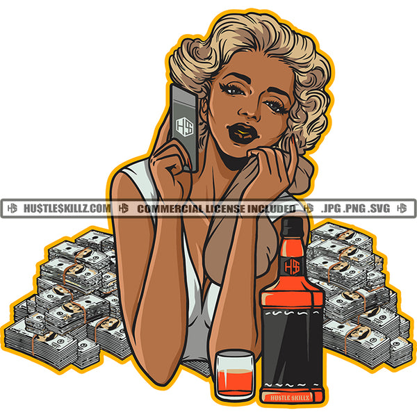 Marilyn Monroe Cartoon Face Sitting On Bundle Money Vector Drink Bottle Glass Design Element Smile Face SVG JPG PNG Vector Clipart Cricut Cutting Files