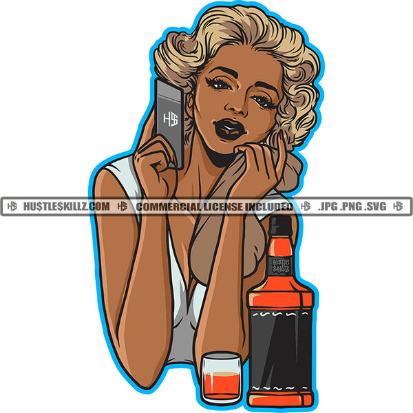 Marilyn Monroe Cartoon Face Golden Hair Drink Bottle Glass Vector Design Element Smile Face Holding Card SVG JPG PNG Vector Clipart Cricut Cutting Files