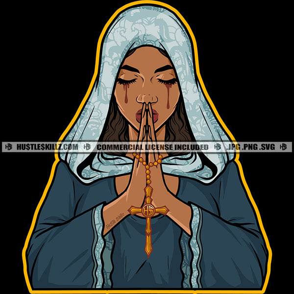 African American Woman Hard Praying Hand Holding Cross Melanin Woman Crying Blood Dripping Vector Design Element SVG JPG PNG Vector Clipart Cricut Cutting Files