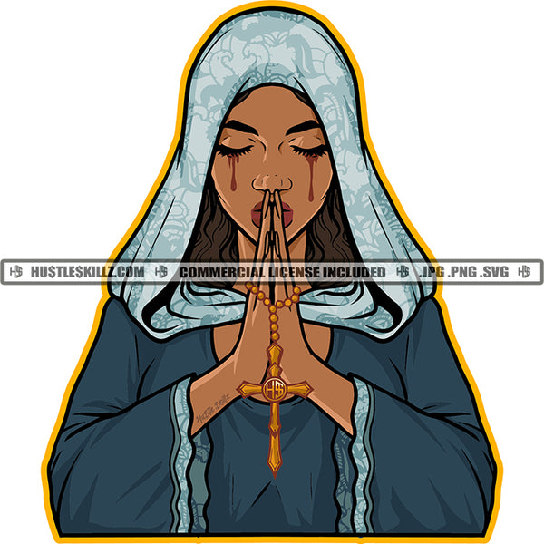 African American Woman Hard Praying Hand Holding Cross Design Element Melanin Woman Crying Blood Dripping SVG JPG PNG Vector Clipart Cricut Cutting Files