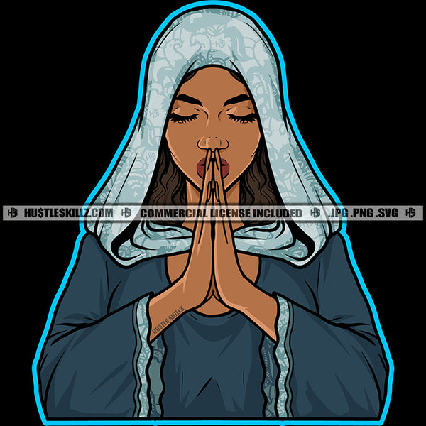Praying Woman Hand Holding Cross Woman Sad Face Praying Hand With Rosary In Her Hand Vector Design Element SVG JPG PNG Vector Clipart Cricut Cutting Files
