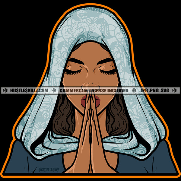 Praying Hand Woman Close Eye Hard Praying Melanin Cristian Girl Color Artwork Vector Design Element SVG JPG PNG Vector Clipart Cricut Cutting Files