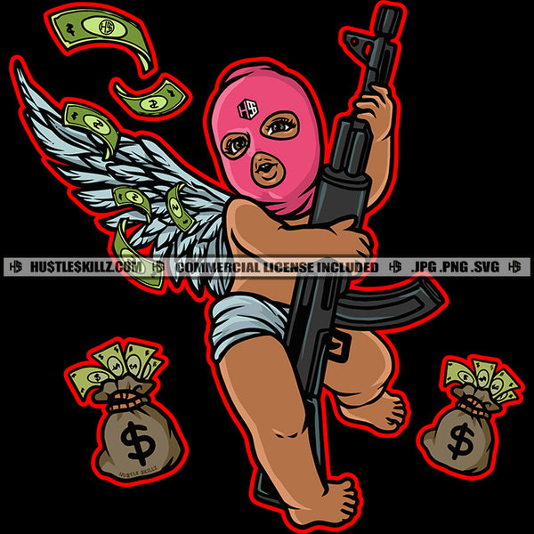 Gangster Baby Boy Angle Wearing Ski Mask Cash Money Bags Machine Gun Disc Magazine Gang Angle With Wings Vector Design Element SVG JPG PNG Vector Clipart Cricut Cutting Files