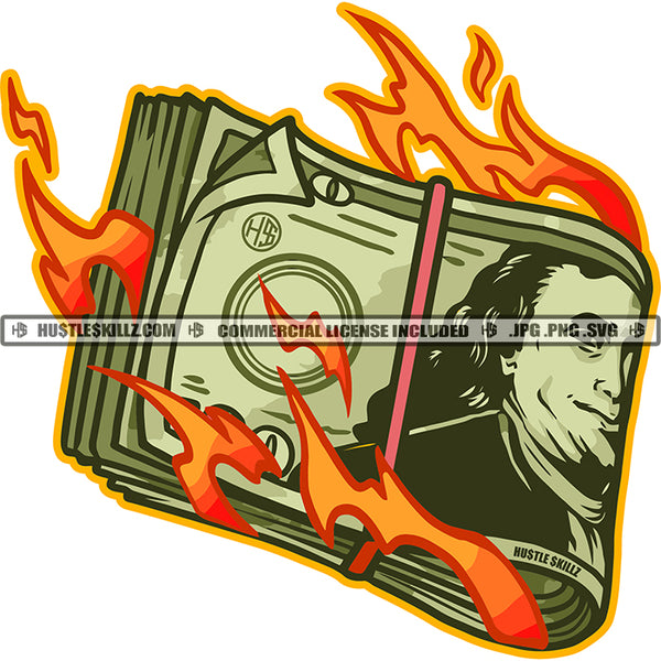 Money Bundle Burn Burning Fire Design Element Money Bundle Rubber Band Vector SVG JPG PNG Vector Clipart Cricut Cutting Files