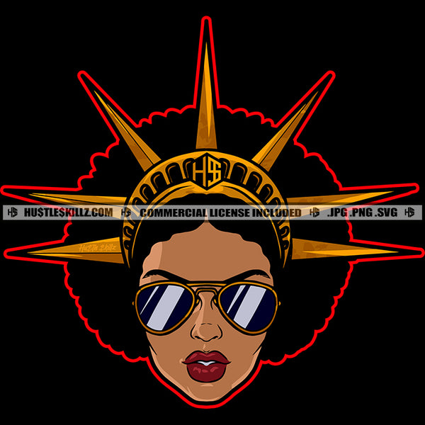 Black Woman Statue Liberty Crown On Head Woman Wearing Sunglass Puffy Afro Hair Vector Design Element SVG JPG PNG Vector Clipart Cricut Cutting Files