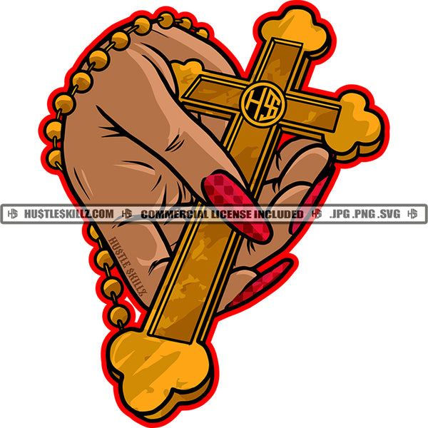 Woman Hand Holding Cross Long Nail Vector Design Element Cross And A Rosary On Hand SVG JPG PNG Vector Clipart Cricut Cutting Files