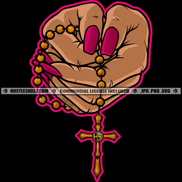 Woman Hand Holding Rosary Cross Christian Cross Praying To God Woman Long Nail Vector Design Element SVG JPG PNG Vector Clipart Cricut Cutting Files